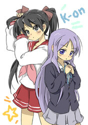  2girls akiyama_mio akiyama_mio_(cosplay) bad_id bad_pixiv_id black_hair cosplay costume_switch crossover hiiragi_kagami hiiragi_kagami_(cosplay) k-on! long_hair lucky_star multiple_girls neckerchief photoshop_(medium) purple_hair red_neckerchief ryouou_school_uniform sakuragaoka_high_school_uniform school_uniform serafuku twintails winter_uniform zhuo_mi 