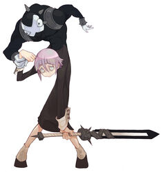  1other androgynous armband bad_id bad_pixiv_id crona_(soul_eater) empty_eyes photoshop_(medium) pink_hair ragnarok_(demon_sword) serenade_(sinohi) soul_eater spikes sword weapon 