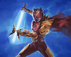  1boy armor bad_id bad_pixiv_id cape commentary_request energy_sword full_armor gold_armor holding holding_sword holding_weapon kamen_rider kamen_rider_kiva kamen_rider_kiva_(emperor_form) kamen_rider_kiva_(series) kow_(k.) male_focus red_cape solo sword tokusatsu weapon 