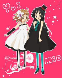  2girls :d :o akiyama_mio bass_guitar black_hair blue_pantyhose blunt_bangs bow brown_hair commentary_request don&#039;t_say_&quot;lazy&quot; dress full_body guitar hairbow hat hime_cut hirasawa_yui hoshino_(nia_hoshino) instrument k-on! long_hair mini_hat mini_top_hat multiple_girls open_mouth pantyhose photoshop_(medium) pink_background smile striped_clothes striped_pantyhose top_hat vertical-striped_clothes vertical-striped_pantyhose 