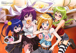  4girls :d :o absurdres age_difference antenna_hair asu_no_yoichi bare_shoulders belt black_dress black_flower black_legwear black_rose blonde_hair blue_eyes blue_hair blush body_blush bow bowtie bra_strap breasts buttons camisole cherry cleavage collar cowboy_shot cupcake doughnut dress eating embarrassed flat_chest floating_hair flower food frills fruit garter_straps glasses green_hair grin hair_between_eyes hair_ornament hair_ribbon hairbow hand_on_another&#039;s_shoulder highres holding ikaruga_ayame ikaruga_chihaya ikaruga_ibuki ikaruga_kagome indoors lace lace-trimmed_dress lace_trim large_breasts leg_lift lolicon long_hair looking_down megami_magazine midriff multiple_girls nakahara_kiyotaka naughty_face navel non-web_source official_art one_eye_closed open_mouth pants photoshop_(medium) pink_eyes plate purple_hair red-framed_eyewear ribbon rose semi-rimless_eyewear sexually_suggestive shoes short_hair_with_long_locks short_shorts short_sleeves shorts sidelocks skirt smile smiley_face standing standing_on_one_leg strap_slip striped_clothes striped_thighhighs surprised swept_bangs thighhighs tray under-rim_eyewear very_long_hair white_legwear zettai_ryouiki 