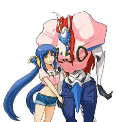  2girls babydoll_t-shirt blue_hair clothes_writing commentary_request crop_top cropped_shirt denim denim_shorts dizzy_(guilty_gear) guilty_gear hair_ribbon hitotsubashi jeans justice_(guilty_gear) long_hair messy_hair midriff mother_and_daughter multiple_girls navel o_o orange_hair pants photoshop_(medium) ribbon shorts smile twintails 