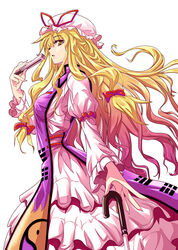  blonde_hair bow commentary_request dress female fingernails folding_fan gradient_hair hair_ribbon hairbow hand_fan hat long_hair multicolored_hair pink_hair ribbon shirosa simple_background slit_pupils solo tabard touhou umbrella very_long_hair wavy_hair yakumo_yukari yellow_eyes 