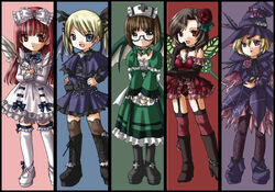  5girls angel_wings bat_wings belt blonde_hair blue_eyes boots bow brown_hair butterfly_wings casper_(deathsmiles) chains choker column_lineup commentary_request deathsmiles dragon_wings dress feathered_wings feathers flower follett_(deathsmiles) frilled_legwear frills garter_straps glasses gothic_lolita hat inaomao insect_wings jpeg_artifacts lolita_fashion long_hair multiple_girls pink_hair red_eyes ribbon rosa_(deathsmiles) sakura_(deathsmiles) short_hair skirt thighhighs twintails windia_(deathsmiles) wings witch witch_hat zettai_ryouiki 