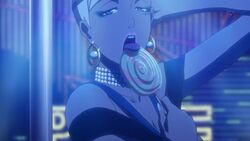  anime_screenshot blonde_hair blue_eyes breasts candy choker cleavage dark-skinned_female dark_skin earrings female food gem jewelry lamppost licking lipstick lollipop makeup mascara medium_breasts michiko_to_hacchin nail_polish necklace neon_lights night pearl_(gemstone) short_hair solo stripper tongue 