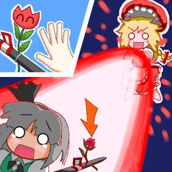  2girls ^_^ arrow_(symbol) blonde_hair closed_eyes commentary_request fire_flower flower grey_hair kirisame_marisa konpaku_youmu lowres mario_(series) multiple_girls myonde o_o oekaki open_mouth parody smile super_marisa_world touhou 