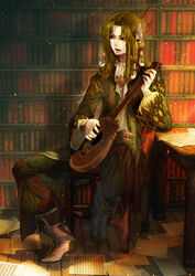  1boy bad_id bad_pixiv_id book brown_hair copyright_request fantasy instrument male_focus shelf sitting solo table yuanmaru 