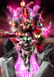  6+boys armor belt blue_eyes commentary_request glowing glowing_eyes green_eyes gun horns kamen_rider kamen_rider_555 kamen_rider_agito kamen_rider_blade kamen_rider_dcd kamen_rider_decade kamen_rider_den-o kamen_rider_den-o_(series) kamen_rider_faiz kamen_rider_hibiki kamen_rider_hibiki_(series) kamen_rider_kabuto kamen_rider_kiva kamen_rider_kiva_(series) kamen_rider_kuuga kamen_rider_ryuki_(series) mask matchin multiple_boys photoshop_(medium) red_eyes single_horn standing weapon yellow_eyes 