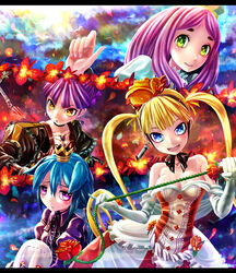  4girls 7th_dragon 7th_dragon_(series) alusha_(7th_dragon) commentary_request elbow_gloves gloves kabutoyama maron_(7th_dragon) momomeno_(7th_dragon) multiple_girls princess_(7th_dragon) sora_(7th_dragon) whip 