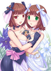  1boy 2girls :d :o amami_haruka between_breasts blue_flower blush breast_press breasts brown_hair commentary_request cool_&amp;_sexy_(idolmaster) cute_&amp;_girly_(idolmaster) dark_haruka dark_persona dual_persona floral_background flower fringe_trim gloves gothic_princess_(idolmaster) green_eyes hair_ribbon hand_on_another&#039;s_arm hidebou hug idolmaster idolmaster_(classic) idolmaster_1 kamchatka_lily large_breasts lily_(flower) medium_breasts mini_person miniboy multiple_girls open_mouth person_between_breasts pink_sash producer_(idolmaster) purple_flower red_eyes ribbon sash short_hair size_difference skirt smile symmetrical_docking tareme trembling tsurime white_flower white_lily 