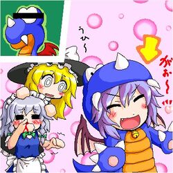  3girls :d :o =_= apron arrow_(symbol) bar_censor bell blonde_hair blood blue_hair blush bow braid censored closed_eyes commentary_request cosplay dinosaur dinosaur_costume frills grey_hair hair_ribbon hands_on_another&#039;s_head hat hat_bow identity_censor izayoi_sakuya jingle_bell kirisame_marisa long_hair lowres maid maid_headdress mario_(series) motion_lines multiple_girls myonde nosebleed oekaki oerba_yun_fang open_mouth parody remilia_scarlet rex_(super_mario_world) rex_(super_mario_world)_(cosplay) ribbon short_hair smile super_mario_world super_marisa_world touhou twin_braids waist_apron wings witch_hat 