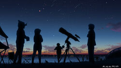  2boys 2girls astronomy bad_id bad_pixiv_id city_lights cloud dated dusk gradient_sky grass isai_shizuka meteor_shower multiple_boys multiple_girls night night_sky original outdoors photoshop_(medium) silhouette sky star_(sky) stargazing starry_sky telescope twilight 