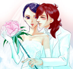  1boy bad_id bad_pixiv_id black_hair blush bride dress elbow_gloves female flower gloves gundam gundam_00 kati_mannequin kiwi_no_jin mole mole_under_mouth patrick_colasour purple_eyes rose short_hair spoilers wedding wedding_dress 