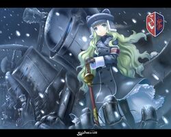  blue_eyes coat commentary_request female gigandal_federation green_hair hat letterboxed long_hair mecha pantyhose pixiv_fantasia pixiv_fantasia_3 robot sabamu sheath sheathed snow solo sword weapon winter_clothes 