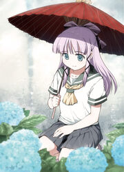  blue_eyes female flower hydrangea komiya_yuzu light_purple_hair nekogami_yaoyorozu oil-paper_umbrella rain school_uniform serafuku smile solo squatting takahata_yuki umbrella 