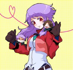  2boys anew_returner aucie bad_id bad_pixiv_id belt celestial_being_uniform chibi female gundam gundam_00 innovators_(gundam_00) lyle_dylandy multiple_boys purple_hair red_eyes revive_revival 