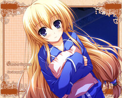  akatsuki_no_goei blonde_hair blue_eyes blush female hug hugging_object kurayashiki_tae long_hair pajamas photoshop_(medium) pillow pillow_hug solo tomose_shunsaku 