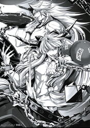  2boys alcohol chains cup genderswap_(ftm) greyscale horns hoshiguma_yuugi ibuki_suika kuroba.k long_hair male_focus manly monochrome mouth_hold multiple_boys muscular muscular_male oni rule_63 sakazuki sake single_horn topless_male touhou very_long_hair 