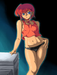  abs black_panties blue_eyes commentary_request female fiona_gureden legs midriff panties photoshop_(medium) red_hair sangekimaru short_hair solo super_robot_wars super_robot_wars_reversal tank_top underwear 