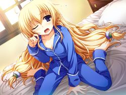  akatsuki_no_goei barefoot blonde_hair blue_eyes female game_cg highres kurayashiki_tae long_hair one_eye_closed open_mouth pajamas sitting solo teardrop tomose_shunsaku very_long_hair wariza yawning 