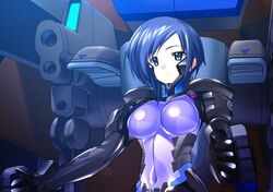  blue_hair bodysuit bou_(inubou) breasts cockpit female fortified_suit game_cg green_eyes highres kashiwagi_haruko large_breasts mecha muv-luv muv-luv_alternative pilot_suit purple_bodysuit robot short_hair solo 