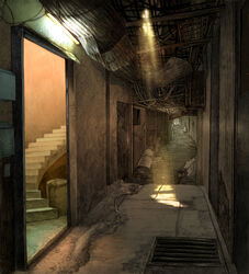  bad_id bad_pixiv_id cable copyright_request dilapidated dust hallway indoors light light_rays no_humans photoshop_(medium) road scenery shade stairs street sunbeam sunlight trash_can urban vanishing_point yuanmaru 