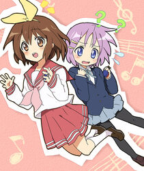  2girls ? bad_id bad_pixiv_id blue_eyes brown_eyes brown_hair castanets cosplay costume_switch crossover hair_ornament hair_ribbon hairband hairclip hiiragi_tsukasa hiiragi_tsukasa_(cosplay) hirasawa_yui hirasawa_yui_(cosplay) instrument k-on! loafers lucky_star maruki_(punchiki) multiple_girls musical_note neckerchief pantyhose pink_neckerchief purple_hair ribbon ryouou_school_uniform sakuragaoka_high_school_uniform school_uniform serafuku shoes short_hair surprised winter_uniform yellow_hairband 