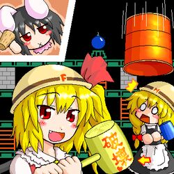  3girls :x animal_ears black_hair blonde_hair commentary_request flandre_scarlet hammer hard_hat helmet inaba_tewi kirisame_marisa lowres mario_(series) multiple_girls myonde oekaki parody rabbit_ears red_eyes super_marisa_world touhou translated wrecking_crew 