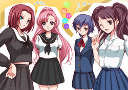  4girls akina_tsukako blazer blue_hair code_geass crossover dress_shirt euphemia_li_britannia jacket koshimizu_ami kouzuki_kallen kujikawa_rise minami_omi miniskirt multiple_girls one_eye_closed parody persona persona_4 pink_hair pleated_skirt ponytail red_hair school_uniform serafuku shirogane_naoto shirt short_hair skirt toradora! twintails v voice_actor_connection 