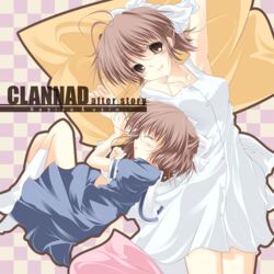  2girls brown_eyes brown_hair clannad commentary_request furukawa_nagisa lying mother_and_daughter multiple_girls okazaki_ushio pillow ponytail school_uniform short_hair sleeping souyoku 