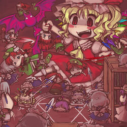  &gt;_&lt; 6+girls @_@ bad_id bad_pixiv_id bat_(animal) bat_wings blonde_hair blue_eyes blue_hair blush book bookshelf bow braid buranantoka chibi china_dress chinese_clothes clone closed_eyes dress fainting flandre_scarlet giant giantess hat hexagram hong_meiling izayoi_sakuya knife long_hair magic_circle maid multiple_girls naughty_face oerba_yun_fang patchcon patchouli_knowledge ponytail purple_eyes purple_hair red_eyes red_hair remilia_scarlet short_hair sweat tears touhou twin_braids wings x_x 