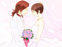  1boy bad_id bad_pixiv_id bouquet bride brown_hair dress elbow_gloves female flower glasses gloves good_end gundam gundam_00 kanameyura kati_mannequin mole mole_under_mouth patrick_colasour photoshop_(medium) rose short_hair spoilers wedding wedding_dress 