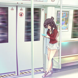  black_hair commentary_request female handheld_game_console nintendo_ds original photoshop_(medium) playing_games purple_eyes ribbon school_uniform skirt solo tetris train_interior video_game ysrandy 