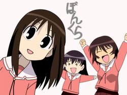  &gt;_&lt; 3girls arms_up azumanga_daioh&#039;s_school_uniform azumanga_daiou black_eyes bonklers brown_hair closed_eyes highres imageboard_desourced kagura_(azumanga_daioh) kasuga_ayumu long_hair multiple_girls non-web_source pink_serafuku pink_shirt school_uniform serafuku shirt short_hair simple_background takino_tomo translated vector_trace winter_uniform 