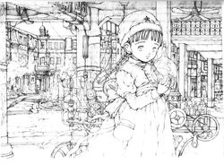  alchemy architecture blunt_bangs bow braid building coat column earrings expressionless female flask greyscale hand_fan handle hat highres imageboard_desourced jar jewelry long_hair looking_at_viewer machine miura_yasuto monochrome non-web_source original outdoors overcoat photoshop_(medium) pillar pocket puffy_sleeves road sash solo star_(symbol) street table tree twin_braids wheel wire 