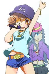  2girls akiyama_mio bad_id bad_pixiv_id baseball_cap belt blue_eyes blue_hair brown_eyes brown_hair denim denim_shorts hat hirasawa_yui jewelry k-on! kamiyama_kenta long_hair microphone multiple_girls necklace photoshop_(medium) shirt short_hair shorts skirt t-shirt watch wristwatch 