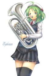  ahoge blue_eyes commentary_request copyright_request cursive euphonium female green_hair hat highres instrument necktie sabamu skirt solo thighhighs 