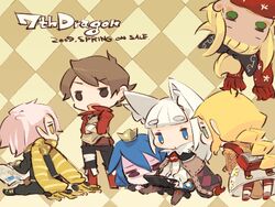  2boys 4girls 7th_dragon 7th_dragon_(series) animal_ears blonde_hair blue_eyes blue_hair boon_(7th_dragon) bow brown_eyes brown_hair cape chibi crown fighter_(7th_dragon) forehead green_eyes hairbow handheld_game_console hatch_(7th_dragon) healer_(7th_dragon) high_ponytail ikurakun_(7th_dragon) mage_(7th_dragon) mol_(7th_dragon) momomeno_(7th_dragon) mota multiple_boys multiple_girls nintendo_ds pink_hair princess_(7th_dragon) purple_eyes rogue_(7th_dragon) scarf upside-down white_hair yac_(7th_dragon) 