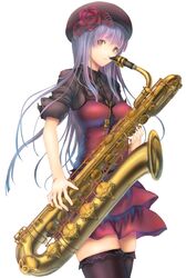  baritone_saxophone black_thighhighs blue_hair breasts closed_mouth commentary_request female flower hair_flower hair_ornament hat holding holding_instrument holding_saxophone instrument long_hair looking_at_viewer medium_breasts original red_flower red_rose red_skirt rose sabamu saxophone skirt solo thighhighs zettai_ryouiki 