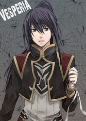  1boy alternate_costume bad_id bad_pixiv_id black_eyes black_hair copyright_name flower gloves grey_background hair_ribbon long_hair male_focus official_alternate_costume photoshop_(medium) ponytail ribbon solo tales_of_(series) tales_of_vesperia watari_shouji yuri_lowell yuri_lowell_(true_knight) 