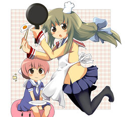  2girls apron brown_eyes brown_hair chef chef_hat chopsticks clannad commentary_request dango_daikazoku egg frying_pan hat hikarizaka_private_high_school_uniform ibuki_fuuko lolicon long_hair multiple_girls okazaki_ushio pantyhose plate sasago_kaze school_uniform short_hair sitting 