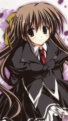  brown_hair cross female hair_ribbon korie_riko long_hair misakura_rin necktie ribbon sakura_no_uta smile solo 