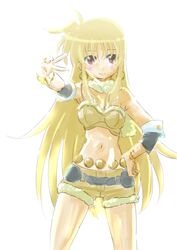  beyond_the_wishes_(idolmaster) blonde_hair cosplay fate_testarossa female hand_on_own_hip hoshii_miki hoshii_miki_(cosplay) idolmaster idolmaster_(classic) idolmaster_1 long_hair lyrical_nanoha mahou_shoujo_lyrical_nanoha parody red_eyes solo 