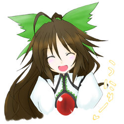  :d ^_^ bad_id bad_pixiv_id blush bow brown_hair closed_eyes eku female green_bow hairbow happy long_hair open_mouth reiuji_utsuho ribbon smile solo touhou translated unyu 