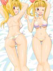  2girls bare_shoulders bikini blonde_hair brown_eyes commentary_request dual_persona front-tie_top lying marin_(umi_monogatari) multiple_girls one_eye_closed open_mouth ponytail side-tie_bikini_bottom string_bikini striped_bikini striped_clothes swimsuit thigh_gap thong_bikini umi_monogatari v wide_hips zouzou 