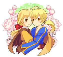  1boy ahoge alma_beoulve b.tarou blonde_hair blush brother_and_sister commentary_request female final_fantasy final_fantasy_tactics flower hair_ribbon long_hair open_mouth photoshop_(medium) ponytail ramza_beoulve ribbon siblings smile 