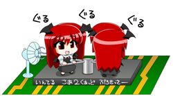  2girls :d bat_wings chibi clone commentary_request electric_fan head_wings intel koakuma multiple_girls multiple_persona open_mouth pun red_eyes red_hair smile touhou translated wings yamato_damashi 