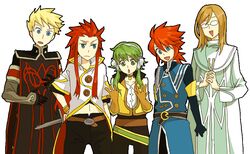  5boys asch_(tales) asch_(tales)_(cosplay) belt blonde_hair blue_eyes brown_hair choker commentary_request cosplay costume_switch glasses green_choker green_eyes guy_cecil guy_cecil_(cosplay) hair_tubes happy hyu_ga ion_(tales) ion_(tales)_(cosplay) jade_curtiss jade_curtiss_(cosplay) long_hair luke_fon_fabre luke_fon_fabre_(cosplay) male_focus multiple_boys ponytail red_hair robe short_hair_with_long_locks sidelocks surcoat sword tales_of_(series) tales_of_the_abyss weapon white_background 