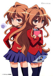  2girls absurdres aisaka_taiga back-to-back brown_eyes brown_hair dual_persona highres kitamura_yuusaku kobayashi_emiko long_hair magazine_scan megami_magazine multiple_girls notebook official_art oohashi_high_school_uniform photo_(object) scan school_uniform skirt thighhighs toradora! tsundere 