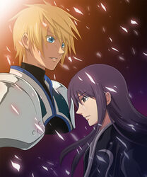  2boys a-a armor black_eyes black_hair blonde_hair blue_eyes colored_eyelashes commentary_request flynn_scifo highres long_hair male_focus multiple_boys serious tales_of_(series) tales_of_vesperia yuri_lowell 